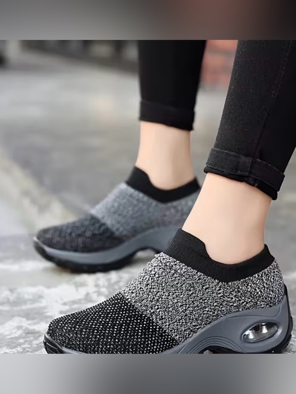 Slip-On Knit Walking Sneakers for Women - Black Gray